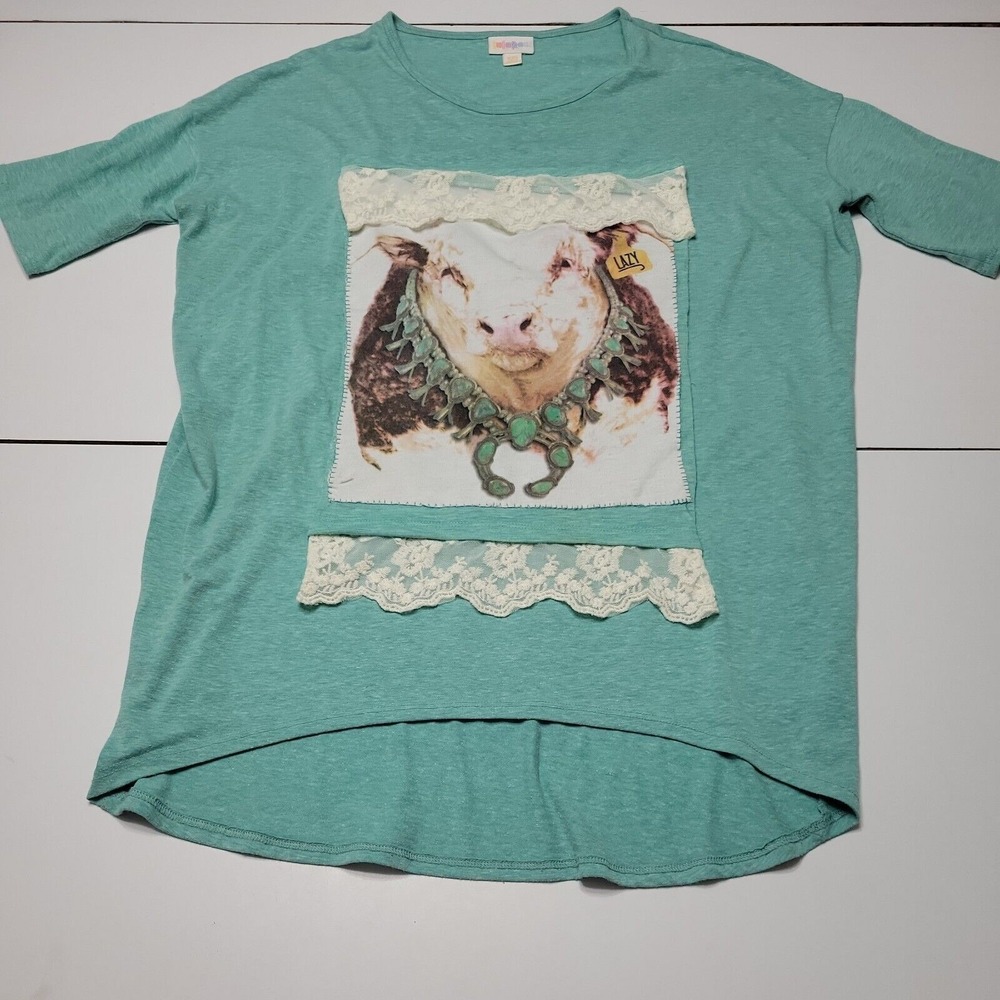 LuLaRoe Shirt Women XXS Imra Tunic Top Blue Hi Low Lazy Cow Graphic Crew Stretch